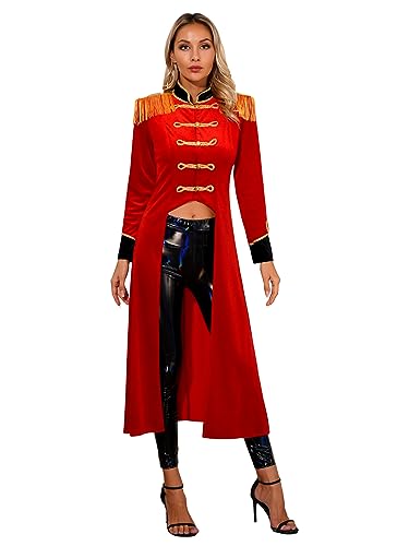 MSemis Damen Zirkus Zirkusdirektorin Kostüm Gothic Steampunk Samt Frack Jacke Lang Smoking Retro Fasching Weihnachten Halloween Karneval Rot 3XL von MSemis