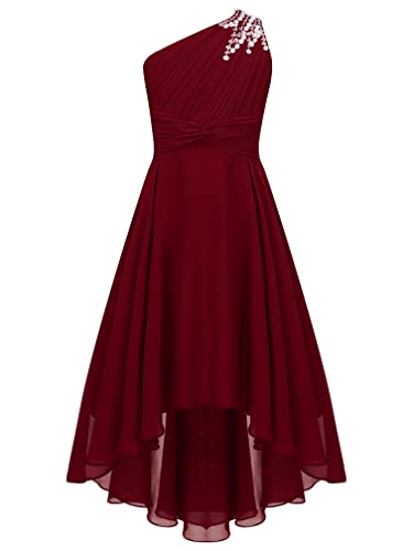 MSemis Festlich Mädchen Kleid für Kinder Prinzessin Eine Schulter Kleider Hochzeit Blumenmädchenkleid 92 104 116 128 140 152 164 Burgundy 158-164 von MSemis