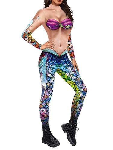 MSemis Frauen Meerjungfrau Cosplay Fischschuppen Druck Jumpsuit Lange Ärmel Ganzkörper Strampler Bodysuit Badeanzug Faschingskostüm Blau&Nude H M von MSemis