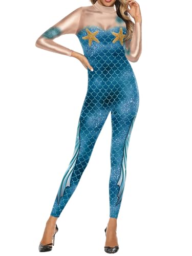 MSemis Frauen Meerjungfrau Cosplay Fischschuppen Druck Jumpsuit Lange Ärmel Ganzkörper Strampler Bodysuit Badeanzug Faschingskostüm Dunkelblau H M von MSemis
