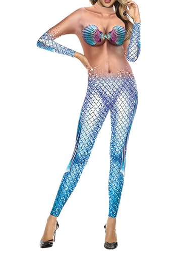 MSemis Frauen Meerjungfrau Cosplay Fischschuppen Druck Jumpsuit Lange Ärmel Ganzkörper Strampler Bodysuit Badeanzug Faschingskostüm Hellblau H XL von MSemis