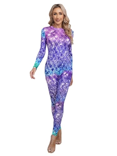 MSemis Frauen Meerjungfrau Cosplay Fischschuppen Druck Jumpsuit Lange Ärmel Ganzkörper Strampler Bodysuit Badeanzug Faschingskostüm Typ B L von MSemis