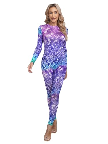 MSemis Frauen Meerjungfrau Cosplay Fischschuppen Druck Jumpsuit Lange Ärmel Ganzkörper Strampler Bodysuit Badeanzug Faschingskostüm Typ B XL von MSemis