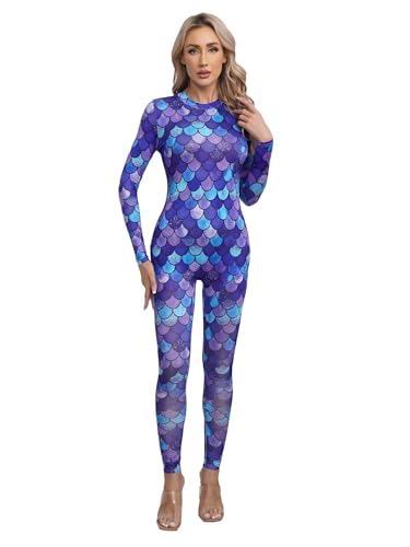 MSemis Frauen Meerjungfrau Cosplay Fischschuppen Druck Jumpsuit Lange Ärmel Ganzkörper Strampler Bodysuit Badeanzug Faschingskostüm Typ C XL von MSemis