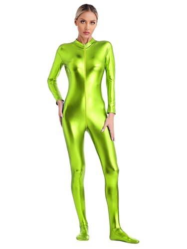 MSemis Ganzkörperanzug Damen Metallic Bodysuit Stehkragen Langarm Ganzkörper Zentai Overalls Einteiliger Bodycon Strampler Sportanzug Hosenanzug Gras-Grün M von MSemis