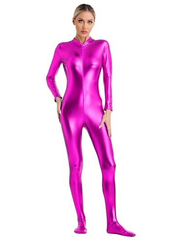 MSemis Ganzkörperanzug Damen Metallic Bodysuit Stehkragen Langarm Ganzkörper Zentai Overalls Einteiliger Bodycon Strampler Sportanzug Hosenanzug Hot Pink M von MSemis