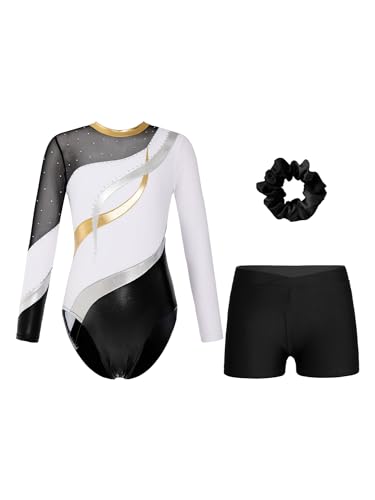 MSemis Gymnastikanzug Mädchen Turnanzug 3-teiliges Set Langarm Turnkleidung Tanzkostüm Gymnastikbody mit Kurze Hose Haarband Weiß schwarz 146-152 von MSemis