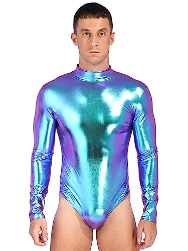 MSemis Herren Body Einteiliger Metallic Bodysuit Langarm Stretch Turnanzug Glänzend Overall Unterhemd Männerbody Reizvolle Catsuit Blau XXL von MSemis