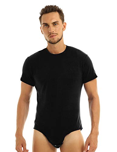 MSemis Herren Body Kurzarm/Ärmellos Hemdbody Baumwolle Bodysuit Overall Männer Unterhemd Poloshirt Slim Fit Unterwäsche M-4XL V Schwarz Rundals L von MSemis