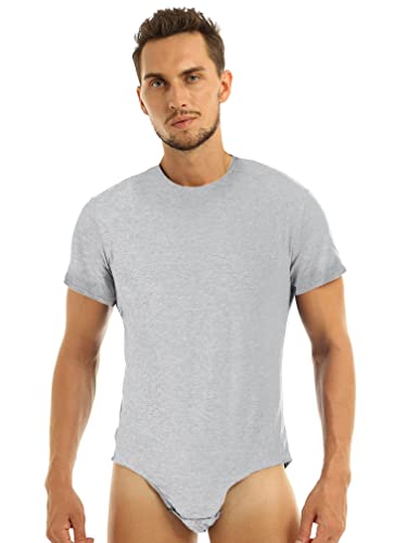 MSemis Herren Body Kurzarm/Ärmellos Hemdbody Baumwolle Bodysuit Overall Männer Unterhemd Poloshirt Slim Fit Unterwäsche M-4XL V Hellgrau Rundals 4XL von MSemis