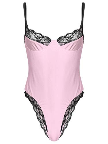 MSemis Herren Body Spitze Bodysuit Unterhemd High Cut String Männerbody Overalls Sissy Unterwäsche Reizvoll Nachtwäsche Clubwear M-XXL A Rosa L von MSemis
