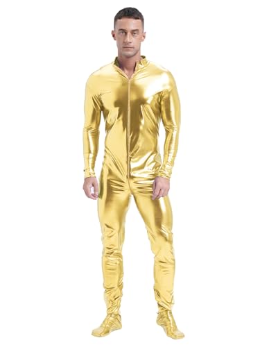 MSemis Herren Bodysuit Einteiler Metallic Bodysuit Ganzkörperanzug Jumpsuit Langarm Tight Zentai Overalls Glänzend Trikot Leotards Party Clubwear Gold M von MSemis