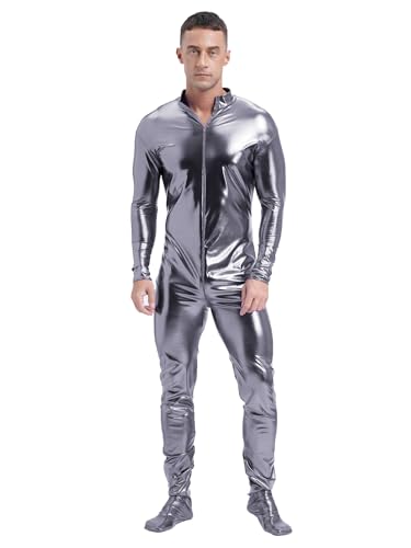 MSemis Herren Bodysuit Einteiler Metallic Bodysuit Ganzkörperanzug Jumpsuit Langarm Tight Zentai Overalls Glänzend Trikot Leotards Party Clubwear Grau M von MSemis