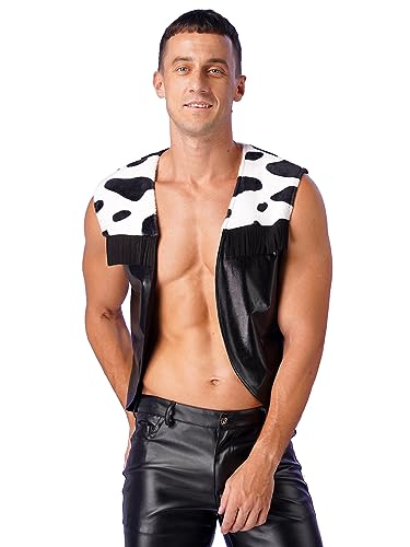 MSemis Herren Cowboy Weste Ärmellos Jacke Oberteil Kuh Muster V-Ausschnitt Weste Offene Vorne Flanell Top Halloween Fasching Cosplay Kostüm Schwarz A XL von MSemis