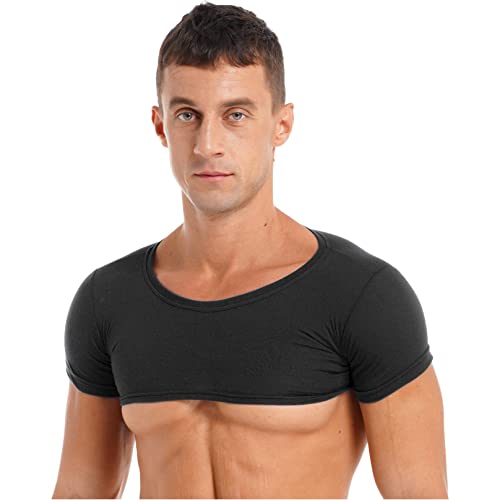 MSemis Herren Crop Top Bauchfrei Shirts Yoga Einfarbig Tank Top Rundhals Kurzarm Unterhemd Muskelshirt Sportshirt Casual Slim Fit Tops Schwarz B L von MSemis