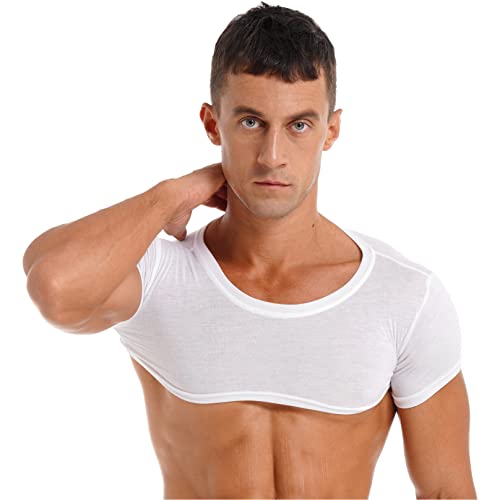 MSemis Herren Crop Top Bauchfrei Shirts Yoga Einfarbig Tank Top Rundhals Kurzarm Unterhemd Muskelshirt Sportshirt Casual Slim Fit Tops Weiß B M von MSemis