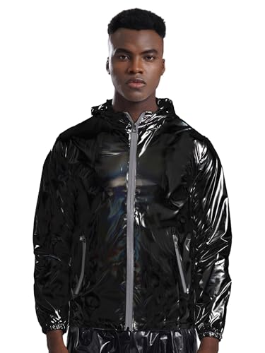 MSemis Herren Glänzend Hoody Wasserdicht PVC Leder Regenmantel mit Kapuze Langarm Holographisch Regenjacke Schwarz L von MSemis