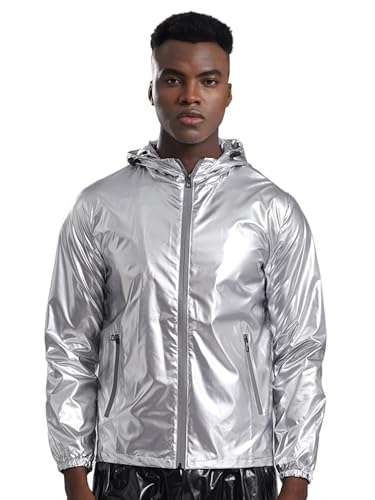 MSemis Herren Glänzend Hoody Wasserdicht PVC Leder Regenmantel mit Kapuze Langarm Holographisch Regenjacke Silber 5XL MSemis Herren Glänzend Hoody Wasserdicht PVC Leder Regenmantel mit Kapuze Langarm Holographisch Regenjacke Silber 5XL von MSemis