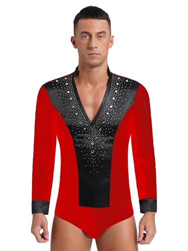 MSemis Herren Glitzernde Strasss Bodysuit Einteiler Latein Standard Hemdbody Langarm Tanz-Body Ballett Trikot Training Overall Dancewear Rot L von MSemis