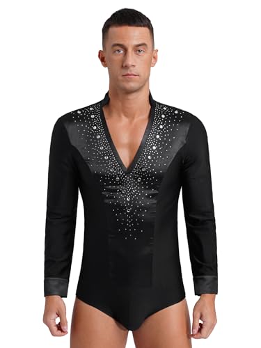 MSemis Herren Glitzernde Strasss Bodysuit Einteiler Latein Standard Hemdbody Langarm Tanz-Body Ballett Trikot Training Overall Dancewear Schwarz M von MSemis