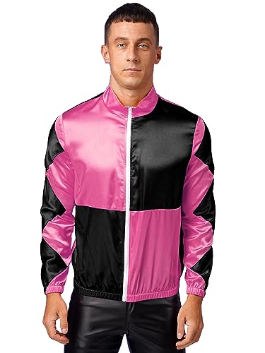 MSemis Herren Jacke Colorblock Checkerboard Langarm Oberbekleidung Pferdetrainer Jockey Halloween Kostüme Hot Pink & Schwarz XL von MSemis