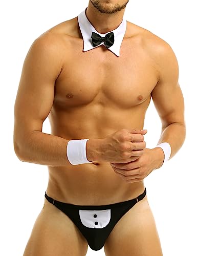 MSemis Herren Kellner Outfit Butle Stripper Kostüm Männer Dessous Sets Briefs & Kragen & Armbänder Rollensipel Stripperkostüm M-2XL Schwarz & Weiß B L von MSemis