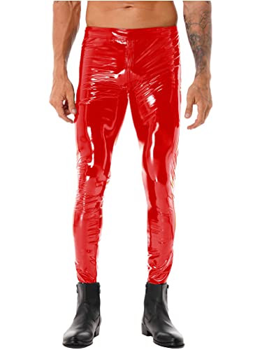 MSemis Herren Lack Leder Hose Pants Wetlook Leggings Skinny mit Reißverschluss Elastisch Lackoptik Lederhose Slim Fit Rot 3XL von MSemis