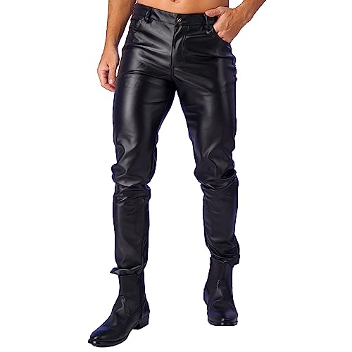 MSemis Herren Lack Leder Hose Pants Wetlook Leggings Skinny mit Reißverschluss Elastisch Lackoptik Lederhose Slim Fit Schwarz B 3XL von MSemis
