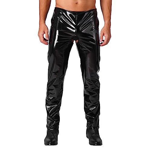 MSemis Herren Lack Leder Hose Pants Wetlook Leggings Skinny mit Reißverschluss Elastisch Lackoptik Lederhose Slim Fit Schwarz C XL von MSemis