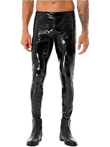 MSemis Herren Lack Leder Hose Pants Wetlook Leggings Skinny mit Reißverschluss Elastisch Lackoptik Lederhose Slim Fit Schwarz L von MSemis