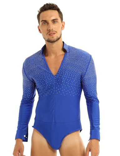 MSemis Herren Langarm Body Latein Hemd Jazz Tango Glitzer Shiny Tanz Kostüm Freizeit Hemd mit Reißverschluss Stretch Bodysuit Turnanzug Blau XL von MSemis