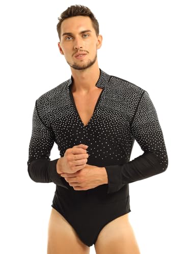 MSemis Herren Langarm Body Latein Hemd Jazz Tango Glitzer Shiny Tanz Kostüm Freizeit Hemd mit Reißverschluss Stretch Bodysuit Turnanzug Schwarz L von MSemis