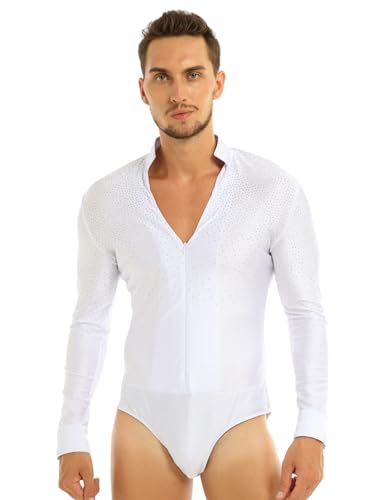 MSemis Herren Langarm Body Latein Hemd Jazz Tango Glitzer Shiny Tanz Kostüm Freizeit Hemd mit Reißverschluss Stretch Bodysuit Turnanzug Weiß XL von MSemis