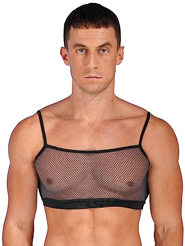 MSemis Herren Mesh Crop Top Spaghetti Träger Ärmellose Transparente Weste Einfarbig Sheer Camisole Clubwear Schwarz L von MSemis