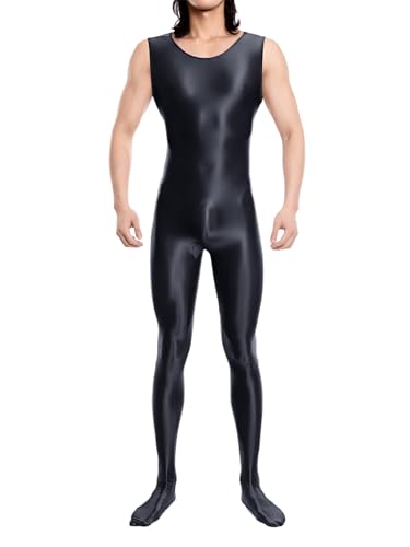 MSemis Herren ÖL Glanz Bodystocking Ärmellos Overalls Lang Jumpsuit Sport Ganzanzug Elastische Bodysuit Nachtwäsche Schwarz XL von MSemis
