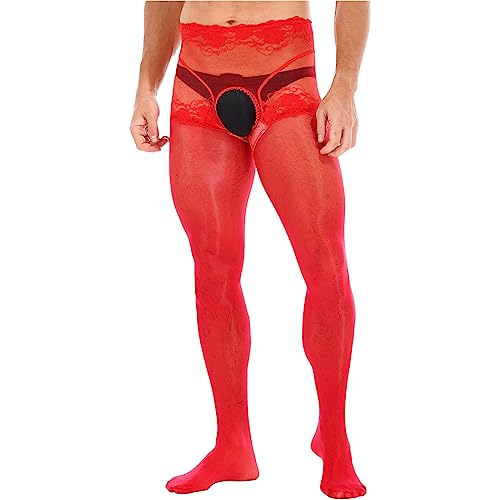 MSemis Herren Ouvert Strumpfhose Glänzend Aushöhlen Leggings mit Offene Schritt Mesh Tights Lang Pantyhose Erotik Dessous Unterwäsche Rot XL von MSemis