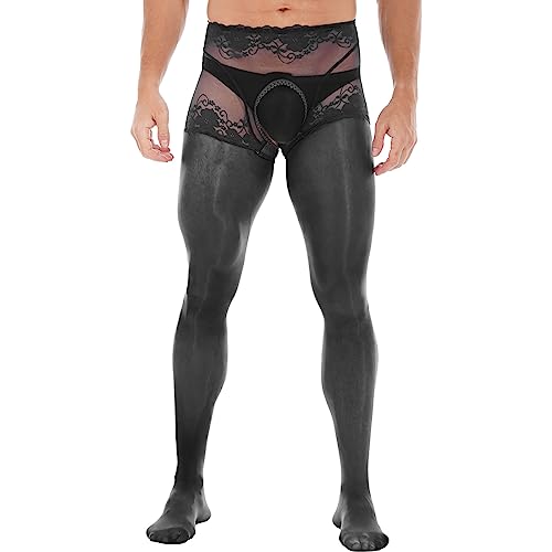 MSemis Herren Ouvert Strumpfhose Glänzend Aushöhlen Leggings mit Offene Schritt Mesh Tights Lang Pantyhose Erotik Dessous Unterwäsche Schwarz XL von MSemis