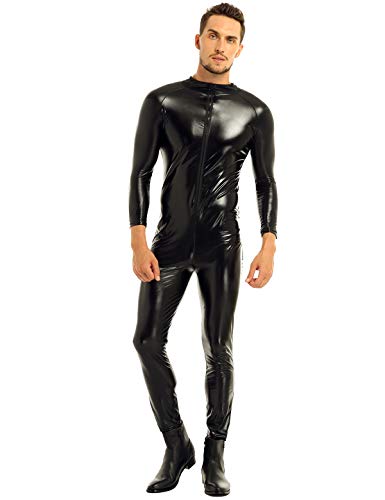 MSemis Herren Overall Wetlook Bodysuit Ganzkörperanzug Jumpsuit Männerbody mit Reißverschluss Männer Unterwäsche Clubwear A Schwarz 4XL von MSemis