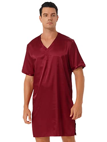 MSemis Herren Satin Nachthemd Kurz Schlafanzug Sissy Nachtkleid Sommer Einteiliger Kurzarm Negligee Nachtwäsche M-XXL Burgundy XL von MSemis