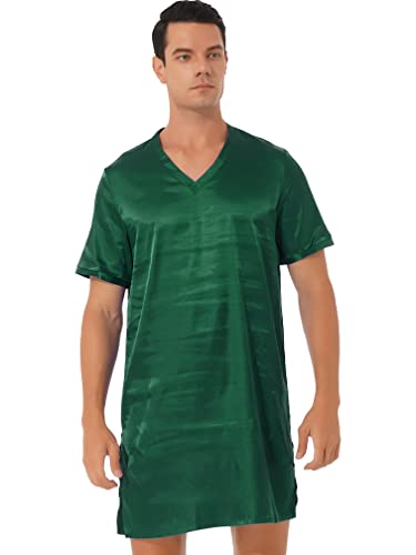 MSemis Herren Satin Nachthemd Kurz Schlafanzug Sissy Nachtkleid Sommer Einteiliger Kurzarm Negligee Nachtwäsche M-XXL Dunkelgrün XXL von MSemis