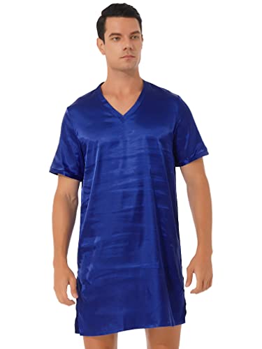 MSemis Herren Satin Nachthemd Kurz Schlafanzug Sissy Nachtkleid Sommer Einteiliger Kurzarm Negligee Nachtwäsche M-XXL Royal_Blue XL von MSemis