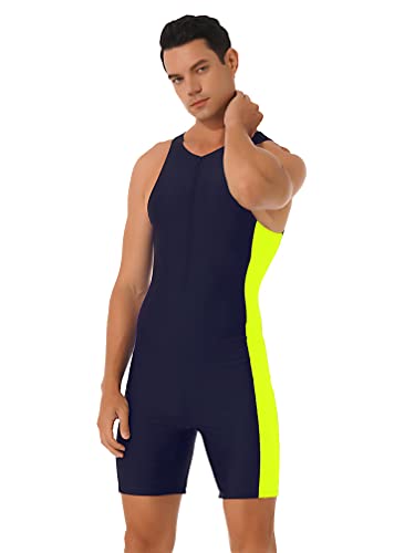 MSemis Herren Schwimmanzug mit Bein Bademode Einteiler Badeanzug Äremllos Swimsuit Männer Surf Wassersport Badebekleidung S-XXL Marineblau&Grün XXL von MSemis
