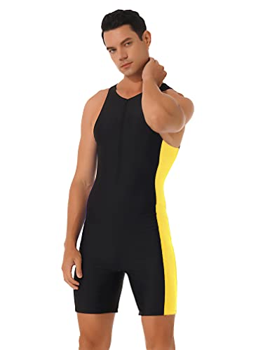 MSemis Herren Schwimmanzug mit Bein Bademode Einteiler Badeanzug Äremllos Swimsuit Männer Surf Wassersport Badebekleidung S-XXL Schwarz&Gelb S von MSemis