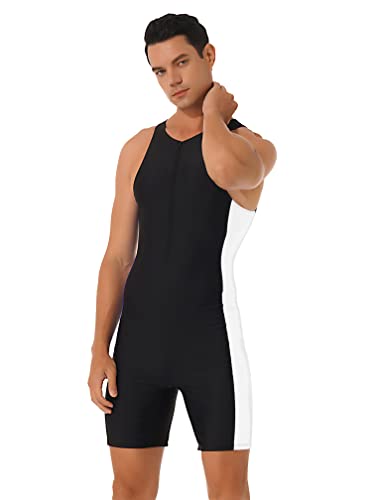 MSemis Herren Schwimmanzug mit Bein Bademode Einteiler Badeanzug Äremllos Swimsuit Männer Surf Wassersport Badebekleidung S-XXL Schwarz&Weiß M von MSemis