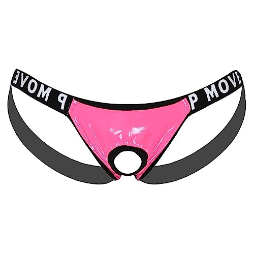 MSemis Herren Sexy Strings Jockstrap Penisring Männer Bikini Slip Thong Tanga Lack Leder Briefs Low Rise Erotik Unterwäsche M-XL Rosa L von MSemis