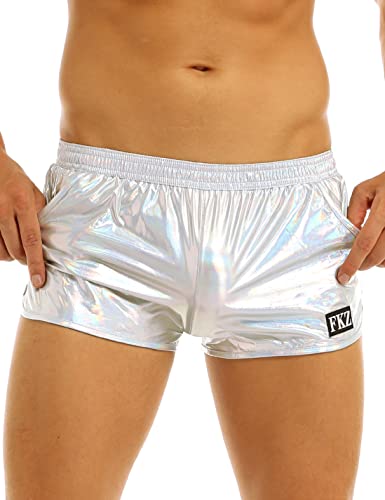 MSemis Herren Shiny Metallic Shorts Sexy Boxershorts Männer Boxer Briefs Unterwäsche Kurze Hose Trunks Badeshorts S-XL Silber S von MSemis