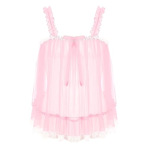MSemis Herren Sissy Dessous Dress Kleider Nachthemd Transparent Mesh Unterhemd Rosa Träger Top Unterwäsche mit Spitzen Rüsche Nachtwäsche Rosa F XL von MSemis