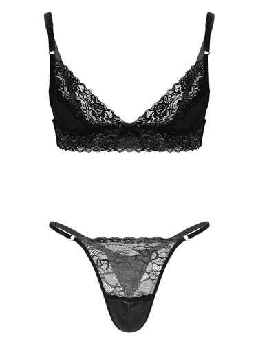 MSemis Herren Sissy Dessous Spitze BH und Slip Sets Unterwäsche Männer Bikini-Set Erotik Lingeire Reizwäsche Clubwear M-XL Schwarz L von MSemis