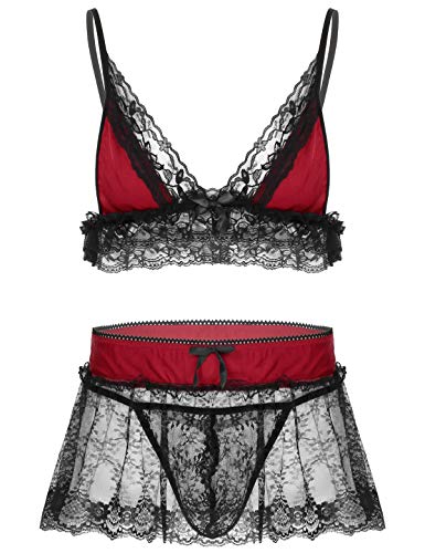 MSemis Herren Sissy Dessous Unterwäsche Set Spitzen BH Oberteil mit Minirock und G-String Männer Erotik Wäsche Verführerische Kleidung Clubwear Burgundy L von MSemis