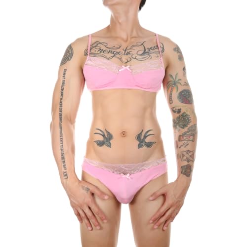 MSemis Herren Sissy Unterwäsche Spitze BH und Slip Set Sexy Männer Erotik Dessous Bikini Set Reizwäsche Nachtwäsche Rosa XXL von MSemis